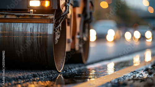 Road roller machine compacting newly paved asphalt on a bright wet highway with reflective surface and illuminated lane markers no people bright road roller asphalt paving