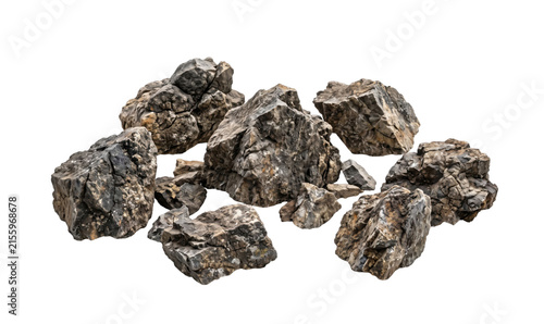 Cuadro en lienzo Pile of rough, weathered, and textured natural stones on a white background