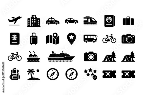 Travel icons in flat design with black and white colors for web and print.
