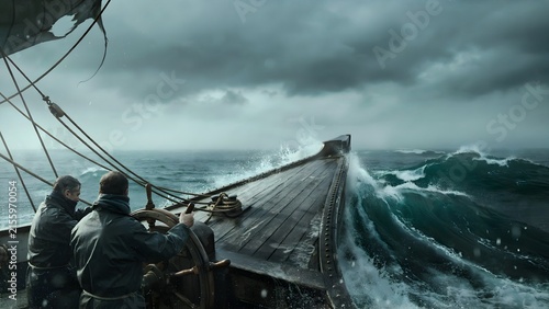 Dramatic Maritime Scene with Stormy Seas and Determined Sailors