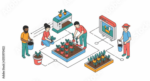 Diverse People Gardening in an Urban Smart Rooftop Community Garden