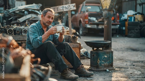 Man Sipping Coffee with Cat in a Vintage Junkyard Setting