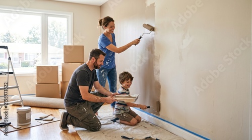 Young family paints first wall in newly purchased home, surrounded by moving boxes and simple tools, symbolizing fresh start, ownership, teamwork and shared future together.