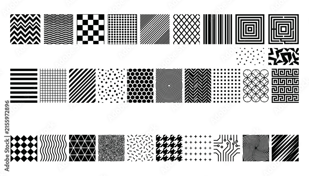Fototapeta premium Abstract Black and White Seamless Geometric Pattern Set with Checkerboard Stripes Polka Dots and Chevron Swatches for Graphic Design Backgrounds