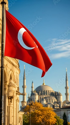 Turkish flag waving before mosque and minarets in Istanbul