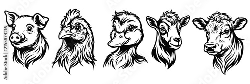 Farm Animals Heads Vector Set, Pig Rooster Duck Sheep And Cow Black White Illustrations, Livestock Portraits Isolated On White Background