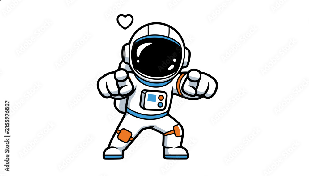 Obraz premium Cute cartoon astronaut pointing forward with both hands and showing a small love heart above his helmet on white.
