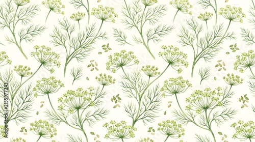 Seamless Pattern of Hand Drawn Dill Flowers and Fennel Herbs.