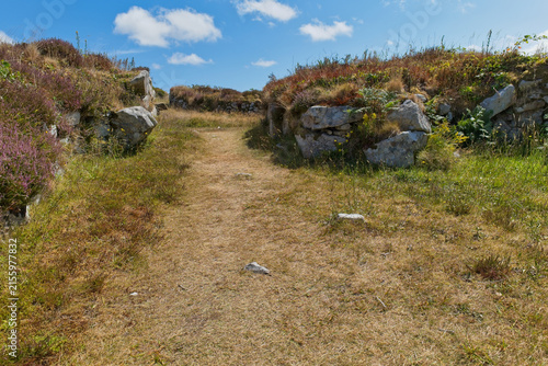 Canvastavla An ancient dirt path winds between low stone walls covered in dry grass and heat