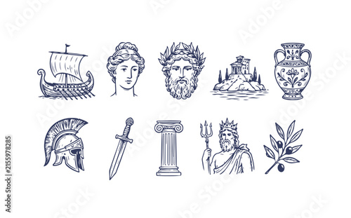 Classical mythological illustration depicting adventure, exploration, heroic voyage, ancient Greece, and the legendary Odyssey. Mediterranean Sea Greek mythology, graphic illustration