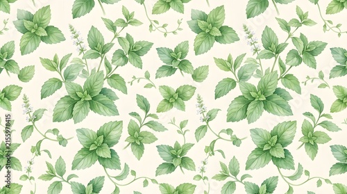 Seamless watercolor pattern of fresh green mint leaves and stems.