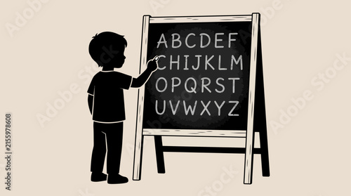Obraz na plátne Silhouette of a child pointing to alphabet letters on a chalkboard