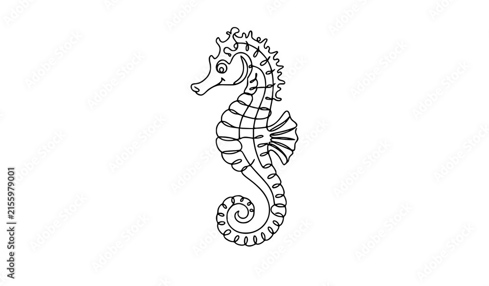 Fototapeta premium Title: Cute Seahorse Continuous Line Art Black and White Vector Doodle Illustration