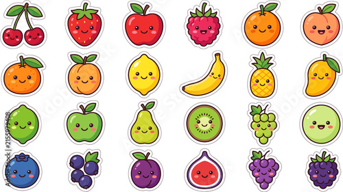 Canvastavla Cute kawaii fruit stickers collection isolated on transparent background