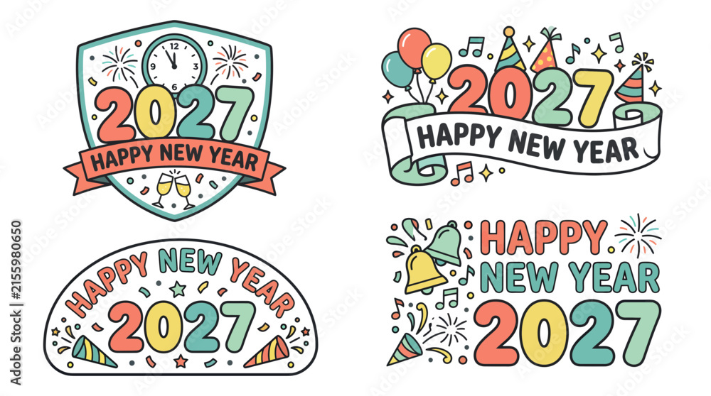 Naklejka premium Hand drawn doodle style happy new year 2027 collection.