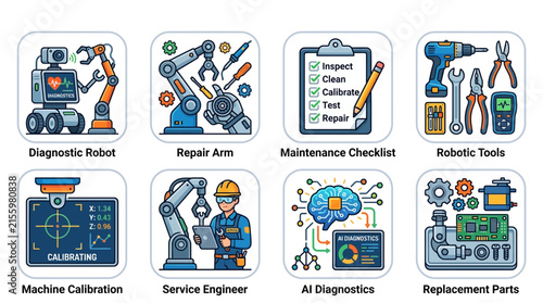 Technical maintenance and machine calibration vector icons highlighting industrial repair services, diagnostic robotics, and engineering tools.