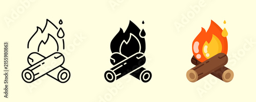 Campfire Icon with Burning Logs. Outline, Glyph and Colorful Flat Vector Illustration