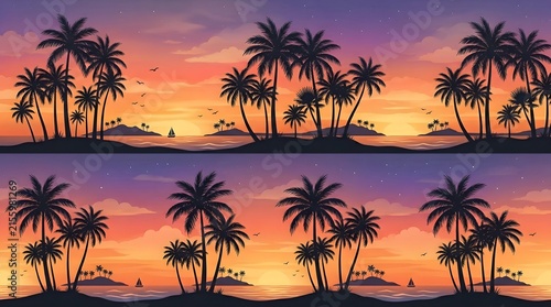 Seamless Tropical Beach Sunset Landscape Illustration.