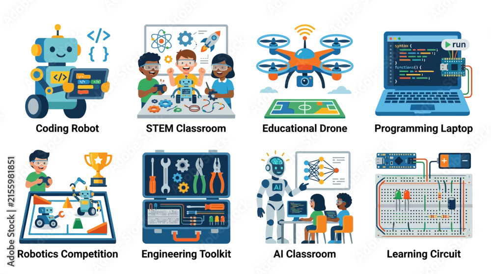 Fototapeta premium Illustration set showcasing children engaged in STEM and robotics activities, featuring coding robots, classroom settings, and engineering tools.