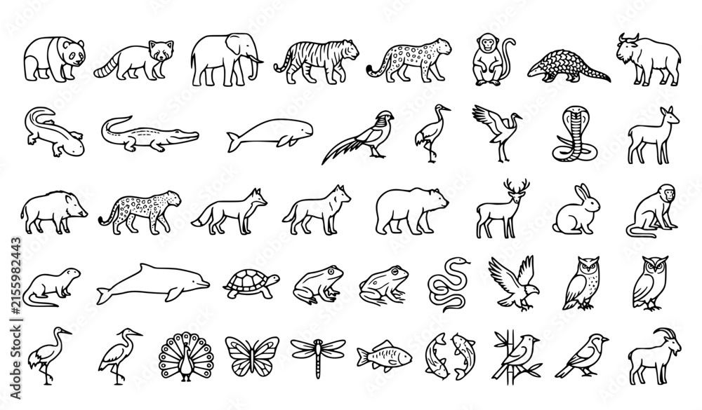 Naklejka premium China Native Animals Linear Icon Set – Panda, Elephant, Tiger and Wildlife Editable Stroke