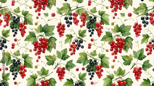Seamless Pattern of Watercolor Red and Black Currant Berries with Green Leaves.