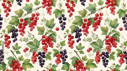 Watercolor seamless pattern with red and black currants.