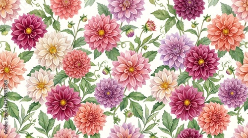 Watercolor Seamless Pattern With Colorful Dahlia Flowers.