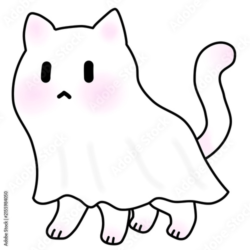 A cute white cat cartoon wearing white ghost costume for halloween concept illustration isolated