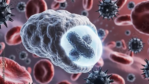 White macrophage cell engulfing dark spiky bacteria in the bloodstream through phagocytosis