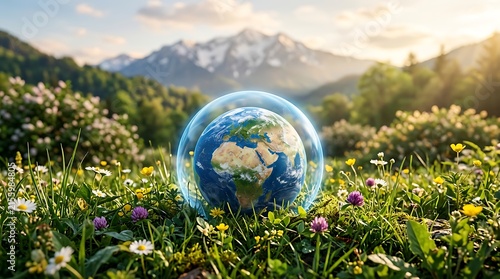 A conceptual image of the earth globe protected inside a transparent glass bubble, resting in a lush meadow filled with wildflowers and mountains