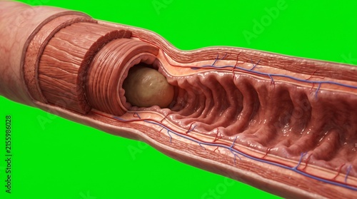 3D medical illustration of human esophageal peristalsis showing food bolus movement.