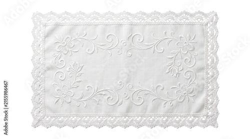 Canvastavla White rectangular linen doily with floral embroidery and lace trim on a transparent background