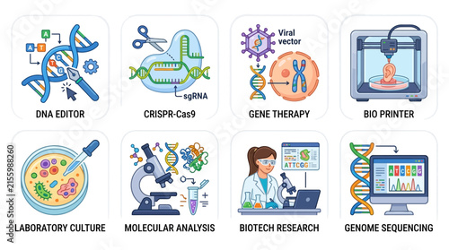 Biotechnology vector icons set depicts CRISPR Cas9, gene therapy, molecular analysis, and genome sequencing concepts.