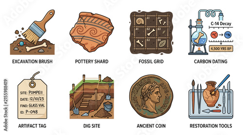 Archaeology illustration set highlights artifact tags, excavation brushes, fossil grids, pottery shards, and restoration tools.