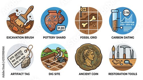 Archaeology icon set featuring excavation tools, fossil grids, pottery shards, carbon dating, and ancient coins for historical research.