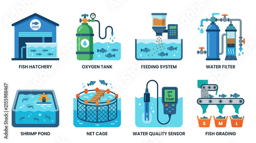 Fish farming infographics set featuring hatchery, oxygen tank, automated feeder, water filter, pond, cage, sensor, and fish sorter.