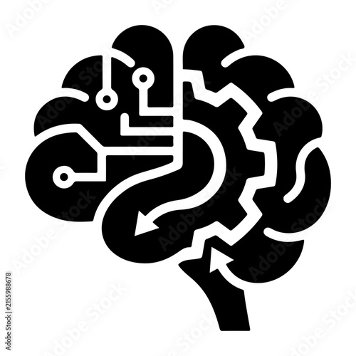 Artificial intelligence brain icon with circuits and gears representing cognitive computing technology.