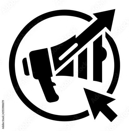 Digital marketing concept black icon with megaphone arrow and mouse cursor for online advertising.