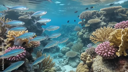 Vibrant underwater coral reef teeming with colorful fish and sunlight filtering through the clear blue ocean water.