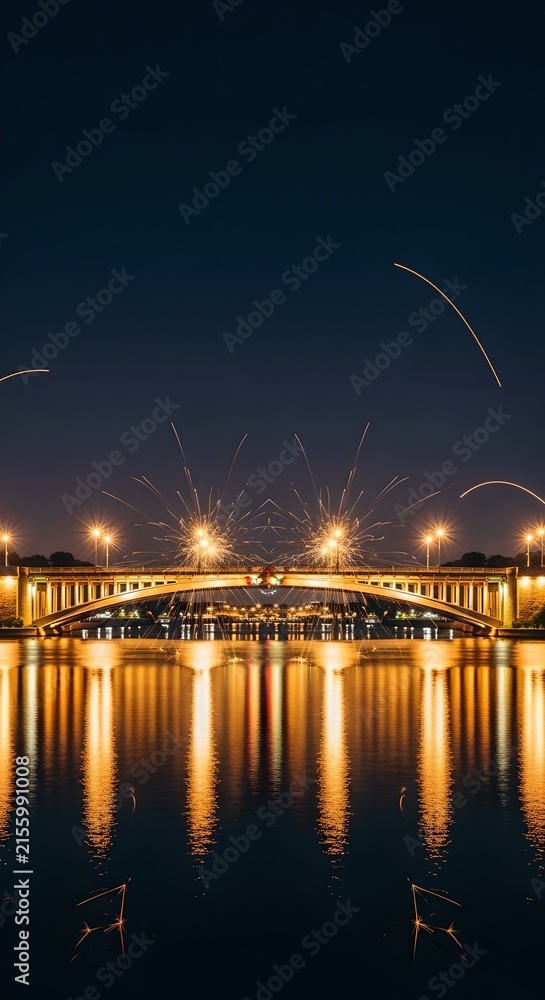 Fototapeta premium Midnight Splendor over the Litéiny Bridge — A Majestic City Bridge Illuminated by Warm Golden Lights Stretches Across a Calm River, Its Elegant Reflections Mirrored in the Still Water, While Vivid Fir