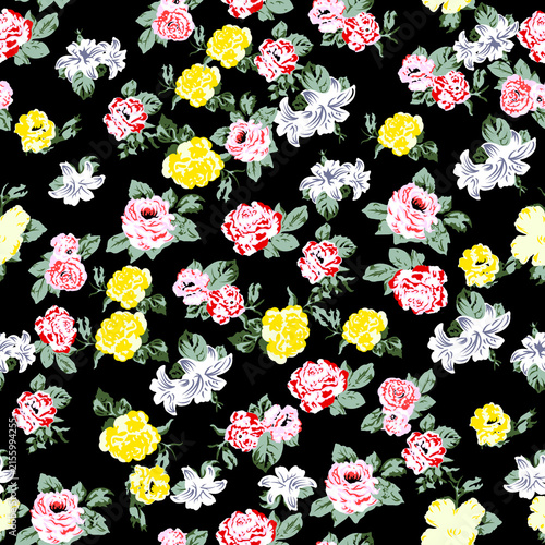 Fotografie Vibrant Floral Pattern with Pink and Yellow Flowers on Black Background Textured