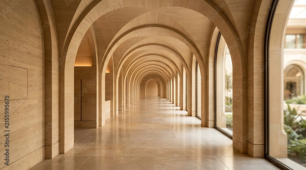 Fototapeta premium Long corridor with arched brick walls and natural light
