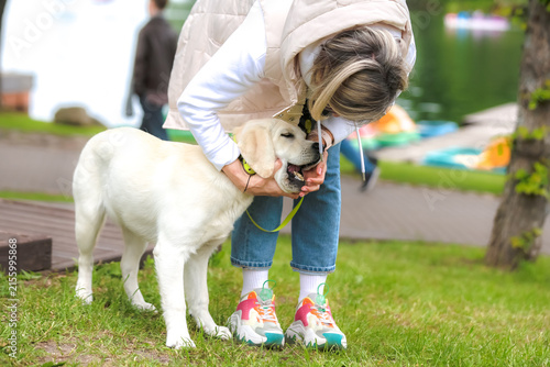 Bild auf Leinwand A girl checks the bite and teeth of a young yellow Labrador in a park