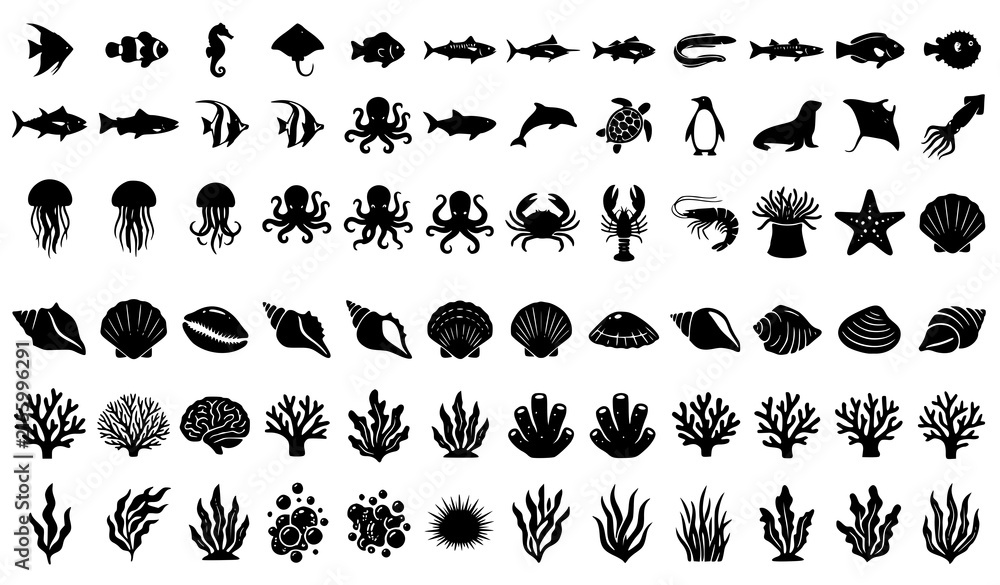 Obraz premium Mega Marine Life and Sea Creatures Silhouette Icon Set Featuring Tropical Fish Shells Coral Reef Seaweed Octopus and Crustaceans for Oceanography Designs