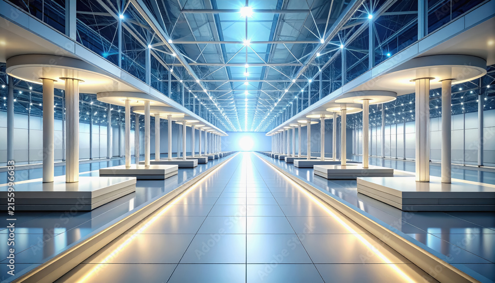 Naklejka premium Expansive futuristic corridor with polished floors and rows of cylindrical columns leading to a bright light