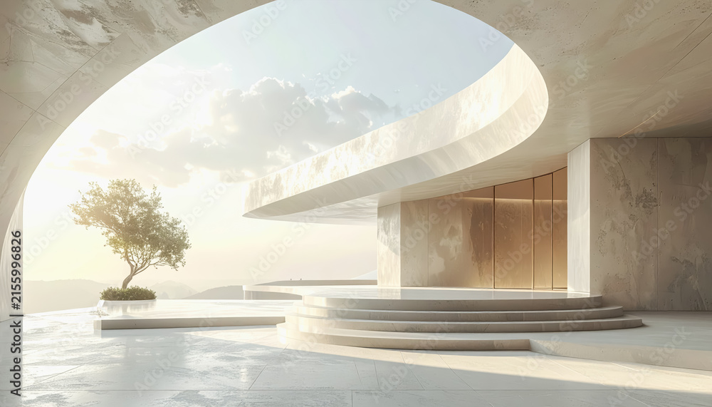 Fototapeta premium Modern minimalist architecture with curved lines and soft sunlight, overlooking a serene landscape