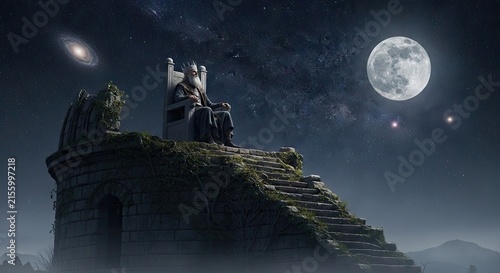 Tapety artystyczne King on throne atop ruins under full moon.