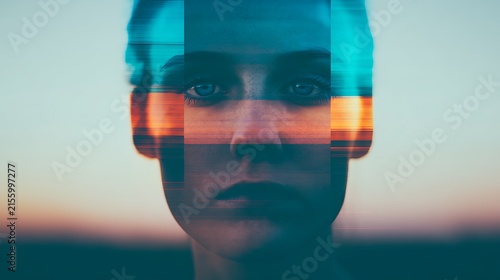 A face overlapped with horizontal glitch effects in blue and orange hues, creating a surreal and digital distortion against a blurred background.