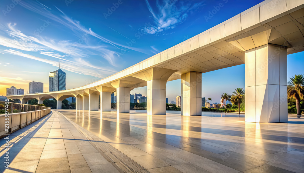 Fototapeta premium Modern elevated roadway structure with futuristic architecture in a city skyline at sunset