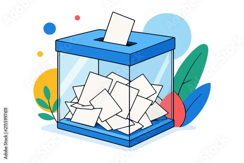Canvastavla Blue voting ballot box with many paper ballots for election day illustration